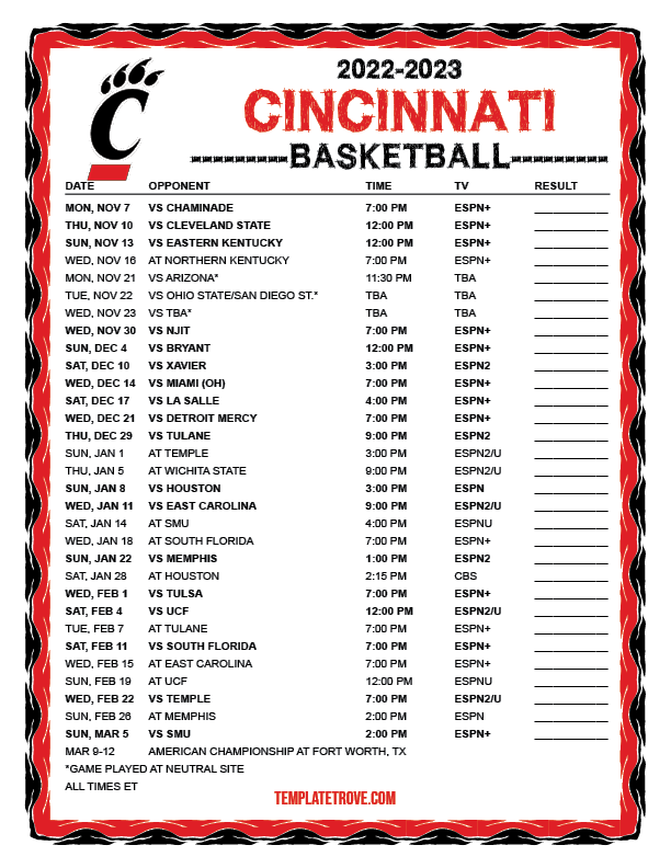 Printable 20222023 Cincinnati Bearcats Basketball Schedule