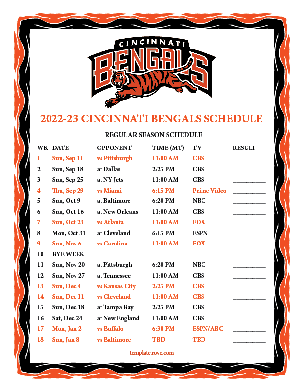 Printable 2022-2023 Cincinnati Bengals Schedule