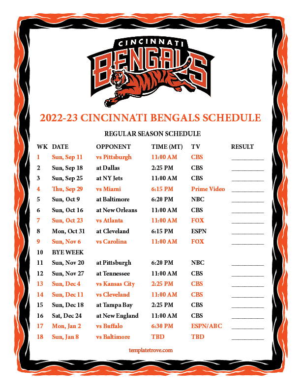 Printable 2022 2023 Cincinnati Bengals Schedule