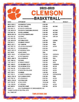 Clemson Tigers Basketball 2022-23 Printable Schedule - Mountain Times
