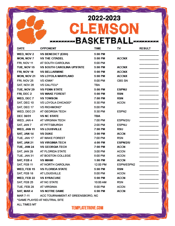 Printable 20222023 Clemson Tigers Basketball Schedule