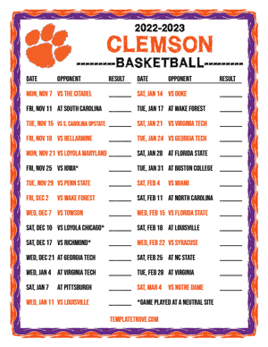 2022-23 Printable Clemson Tigers Basketball Schedule