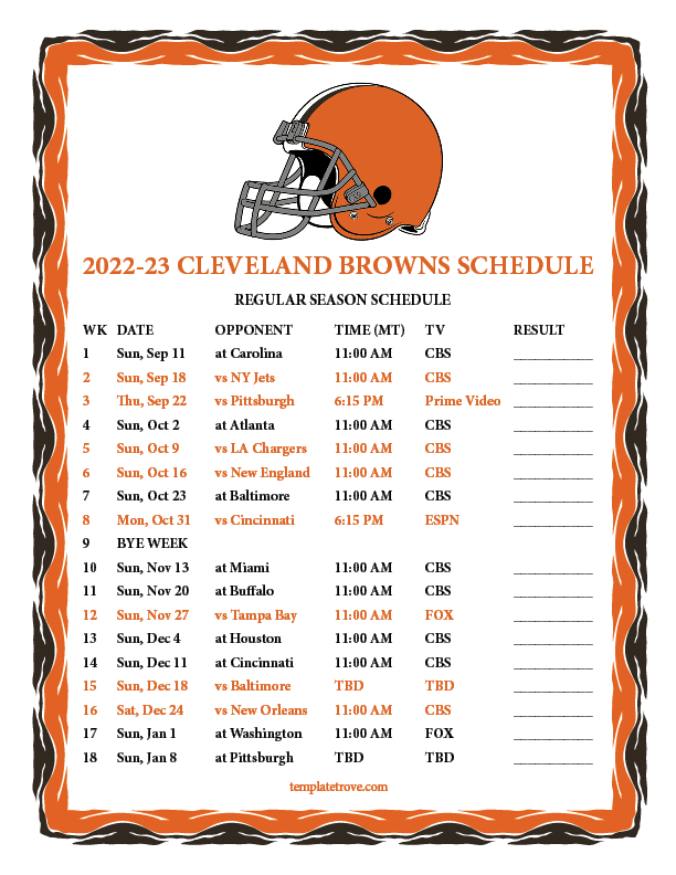 Printable 2022-2023 Cleveland Browns Schedule