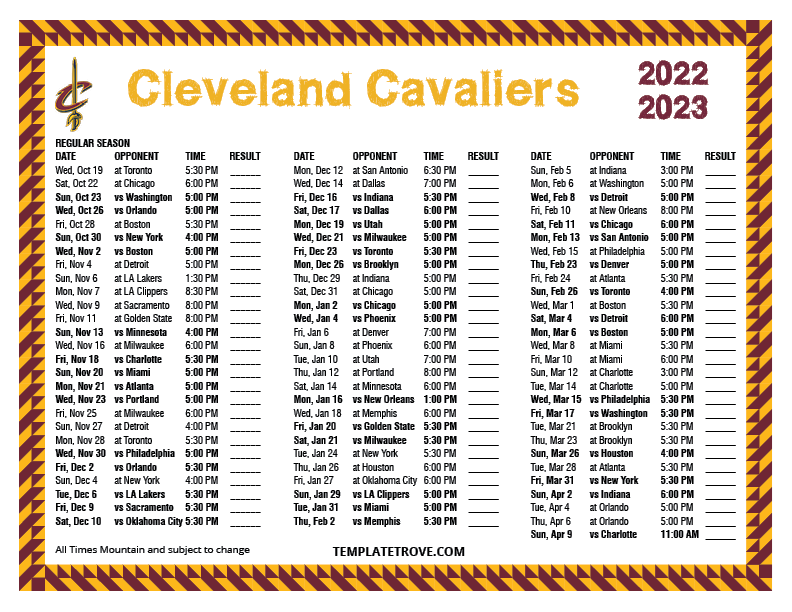 Printable 2022-2023 Cleveland Cavaliers Schedule