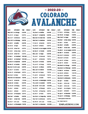 Colorado Avalanche 2022-23 Printable Schedule - Pacific Times