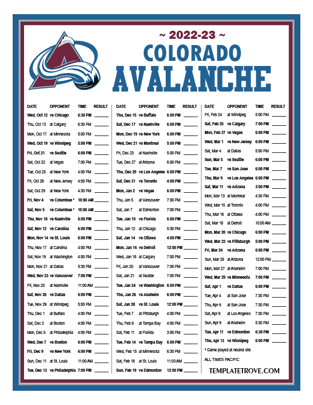 Printable 20222023 Colorado Avalanche Schedule