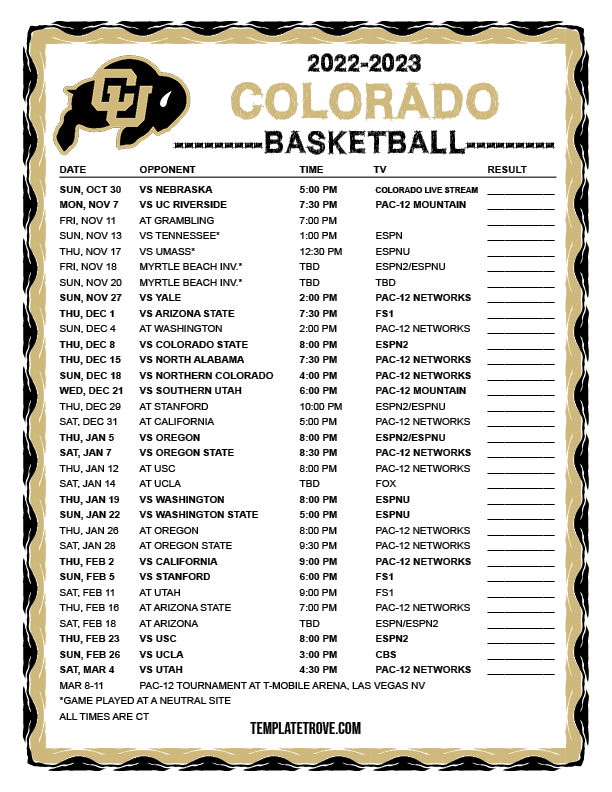 Printable 20222023 Colorado Buffaloes Basketball Schedule