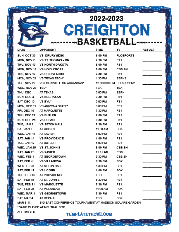 Printable 20222023 Creighton Bluejays Basketball Schedule