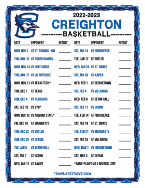 2022-23 Printable Creighton Bluejays Basketball Schedule
