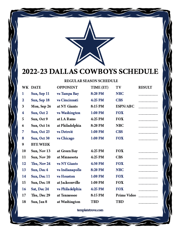 Printable Dallas Cowboys Schedule 2023 Printable Blank World