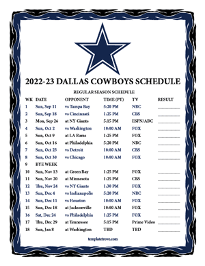 Dallas Cowboys 2022-23 Printable Schedule - Pacific Times