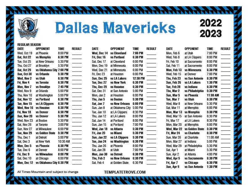 2022 2023 Printable Dallas Mavericks Schedule Mountain Times 