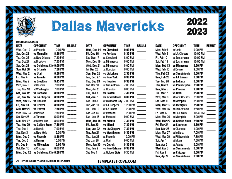 Printable 20222023 Dallas Mavericks Schedule