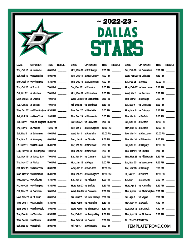 Printable 20222023 Dallas Stars Schedule