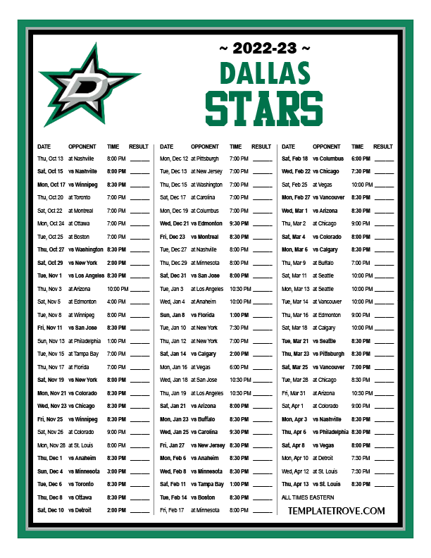 Printable 2022 2023 Dallas Stars Schedule