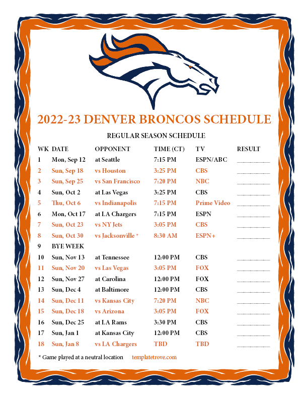 Printable Denver Broncos Schedule 2024 2024 Diana Dorthea