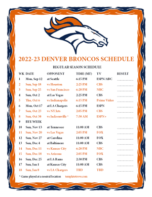 Denver Broncos 2022-23 Printable Schedule - Mountain Times