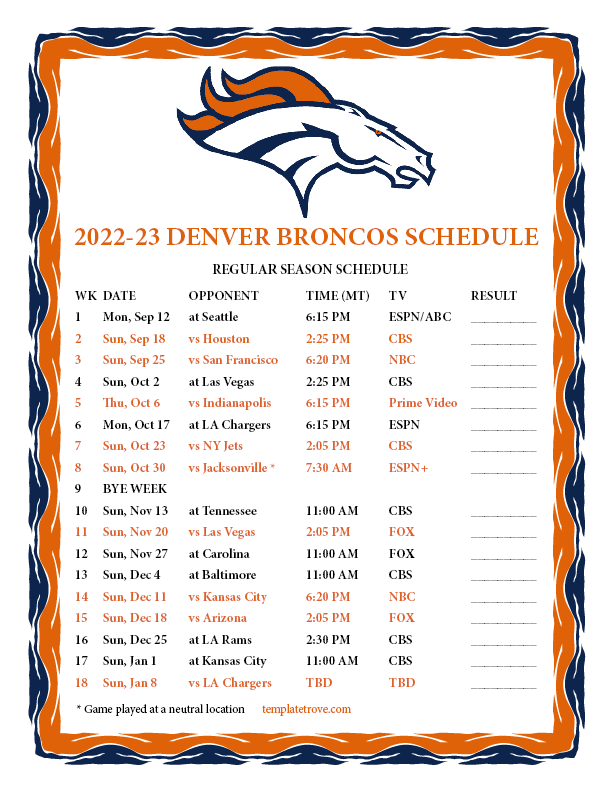 Printable 20222023 Denver Broncos Schedule