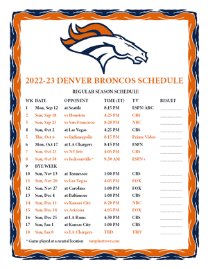 Denver Broncos 2022-23 Printable Schedule