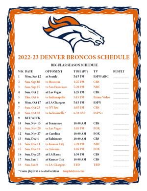 Denver Broncos 2022-23 Printable Schedule - Pacific Times