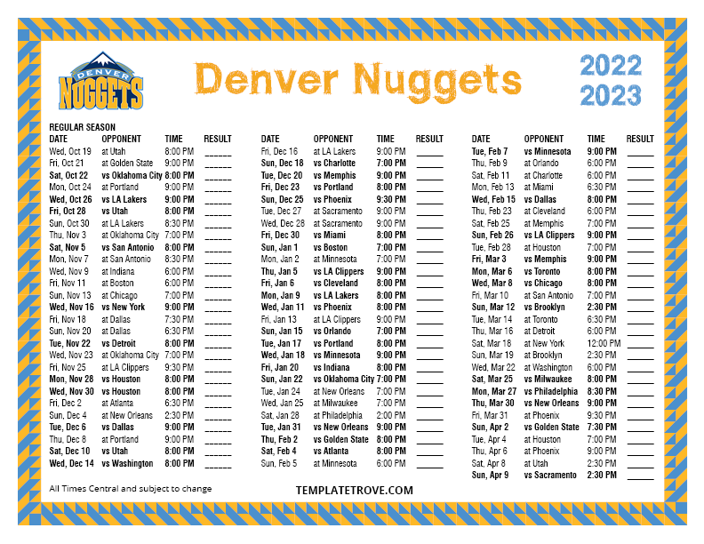Denver Nuggets Printable Schedule