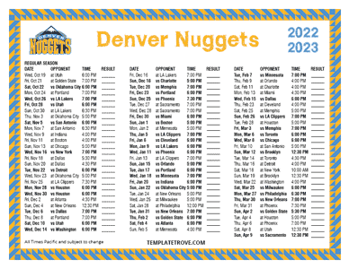 Denver Nuggets 2022-23 Printable Schedule - Pacific Times