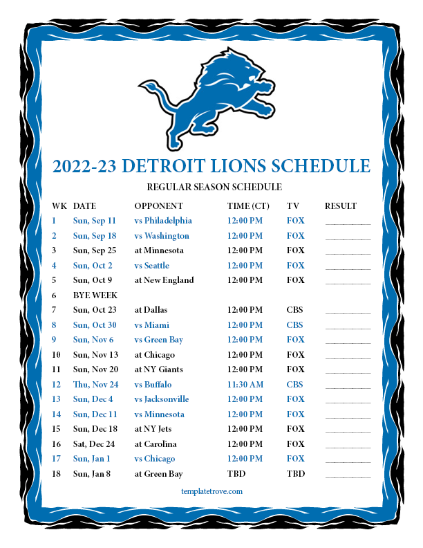 2022 2023 Printable Detroit Lions Schedule CT PNG 