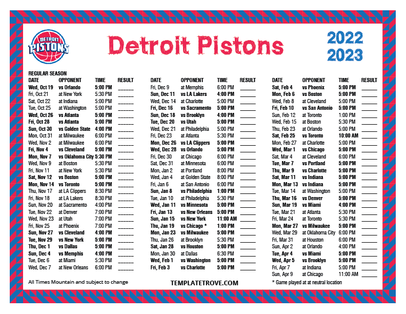 Printable 20222023 Detroit Pistons Schedule