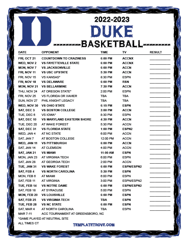 Printable 20222023 Duke Blue Devils Basketball Schedule