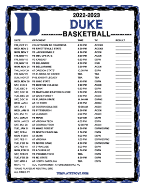 Duke Blue Devils Basketball 2022-23 Printable Schedule - Pacific Times