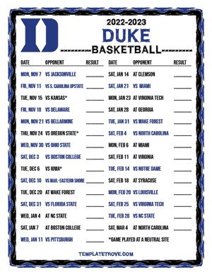2022-23 Printable Duke Blue Devils Basketball Schedule