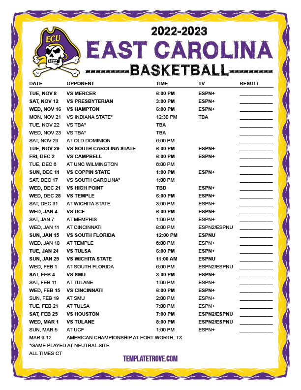 Printable 20222023 East Carolina Pirates Basketball Schedule