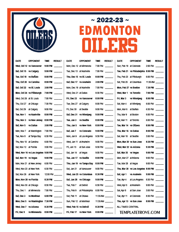 Printable 20222023 Edmonton Oilers Schedule