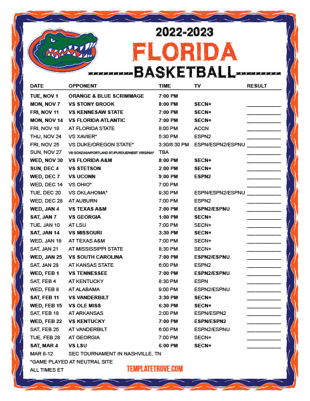 Printable 2022-2023 Florida Gators Basketball Schedule