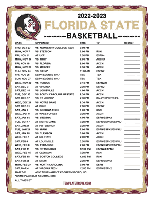 Florida State Seminoles Basketball 2022-23 Printable Schedule