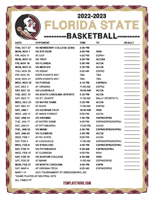 Florida State Seminoles Basketball 2022-23 Printable Schedule - Pacific Times