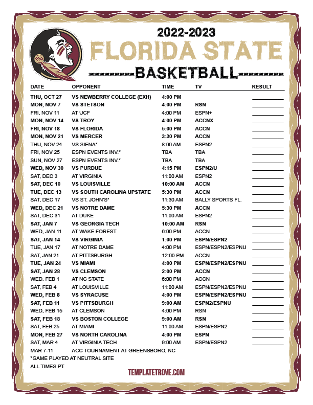 Printable 2022-2023 Florida State Seminoles Basketball Schedule