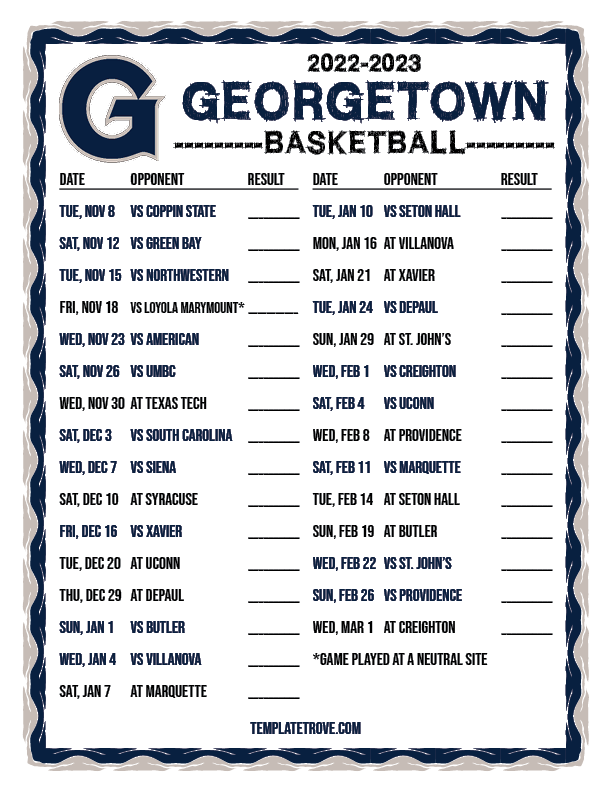 2022 2023 Printable Georgetown Hoyas Basketball Schedule 