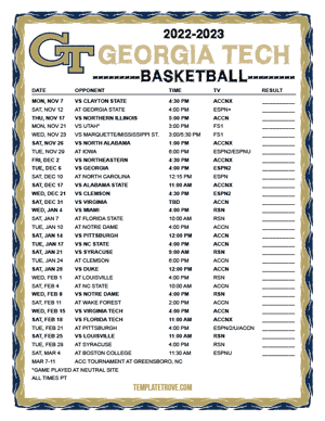 Georgia Tech Yellow Jackets Basketball 2022-23 Printable Schedule - Pacific Times