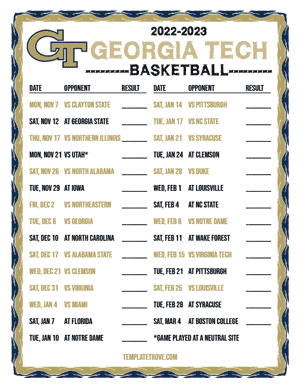 2022-23 Printable Georgia Tech Yellow Jackets Basketball Schedule