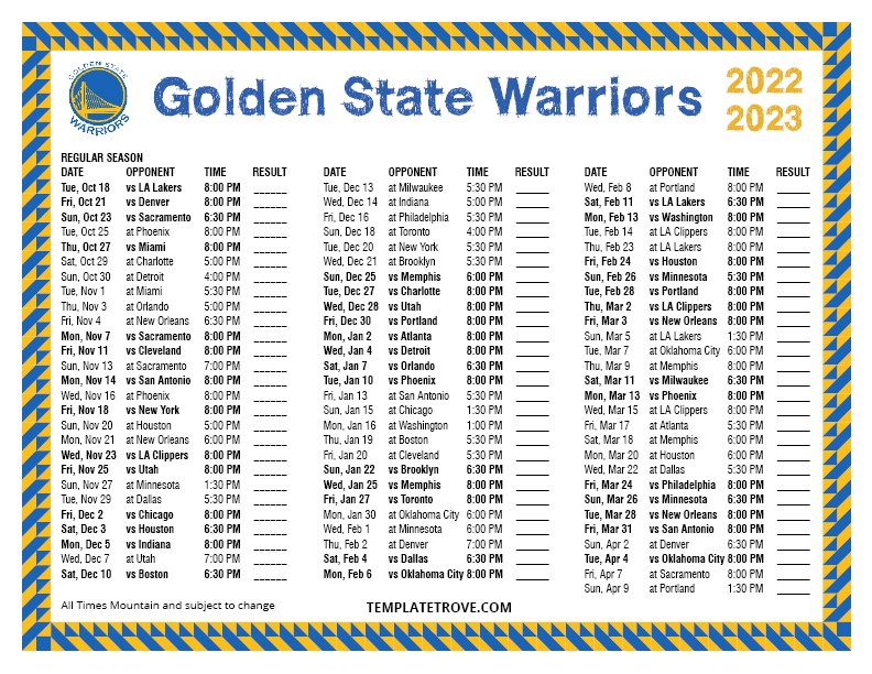2022 2023 Printable Golden State Warriors Schedule Mountain Times 