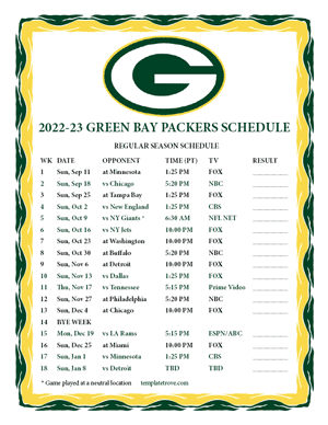 Green Bay Packers 2022-23 Printable Schedule - Pacific Times