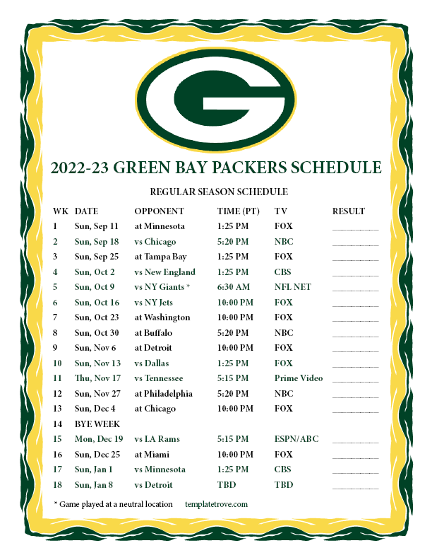 Printable 20222023 Green Bay Packers Schedule