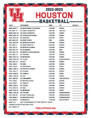 Houston Cougars Basketball 2022-23 Printable Schedule - Central Times