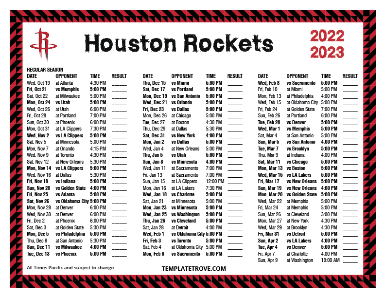 Printable 20222023 Houston Rockets Schedule