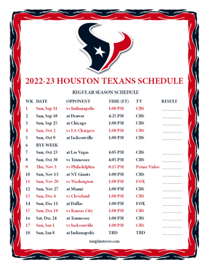 Houston Texans 2022-23 Printable Schedule