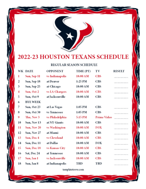 Houston Texans 2022-23 Printable Schedule - Pacific Times