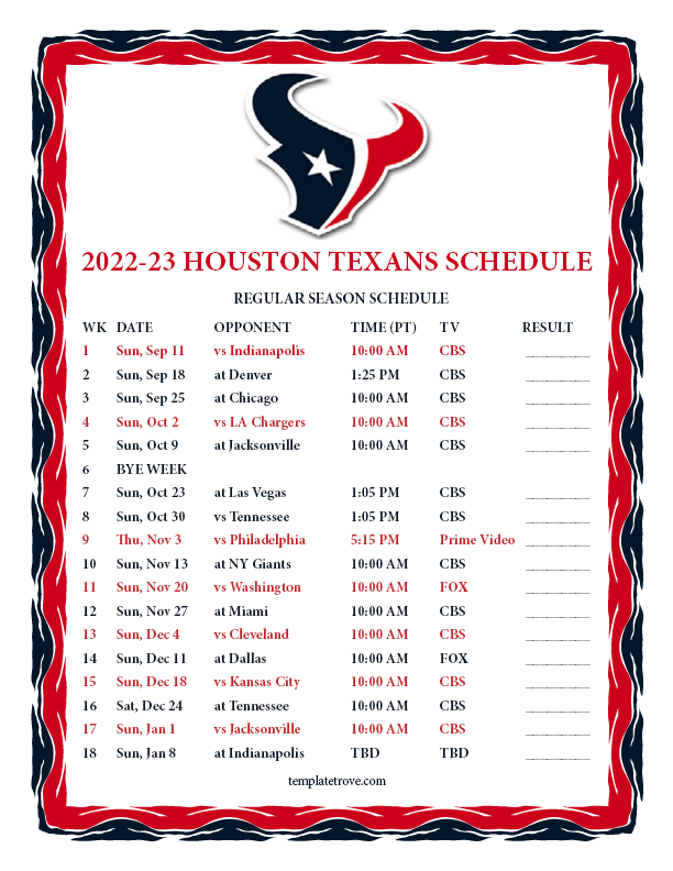 Printable 2022-2023 Houston Texans Schedule