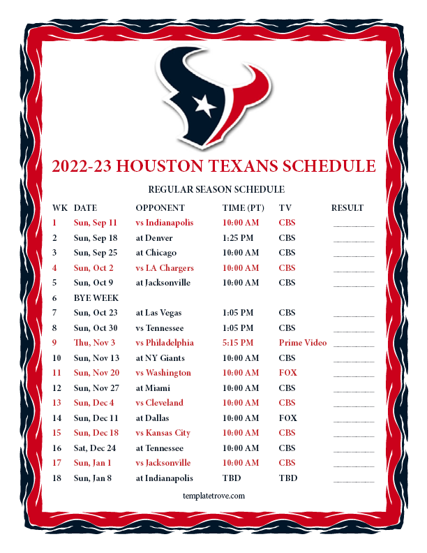 Printable 2022 2023 Houston Texans Schedule