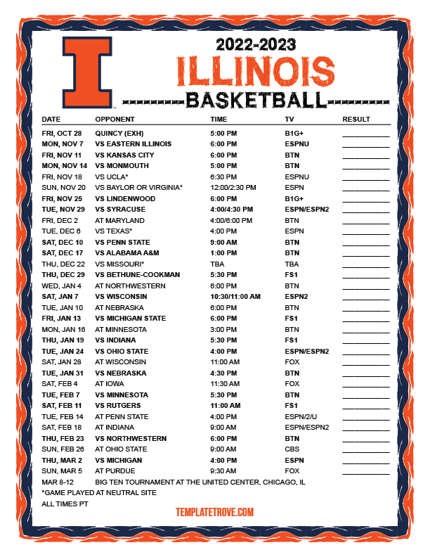 Printable 2022 2023 Illinois Fighting Illini Basketball Schedule